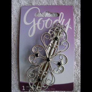 Goody Rhinestone Silver Metal Hair Barrette Clip Fancy Vine Curls Black Gems